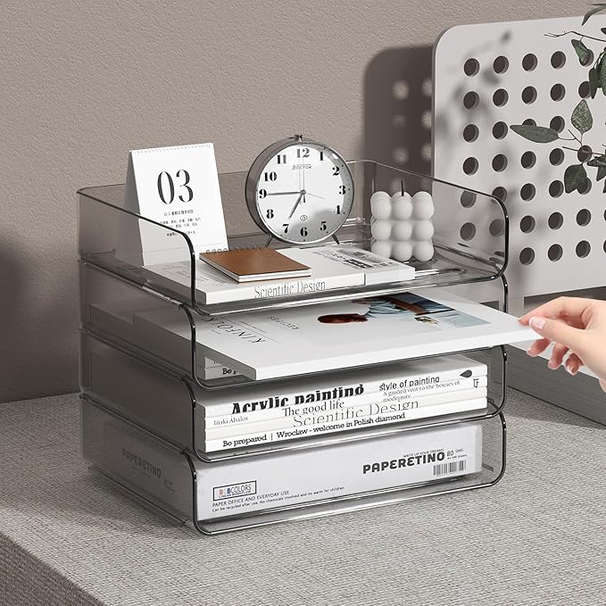 FANXIYQ 4-Tier Horizontal Acrylic Paper Tray Organizer | Clear Stackable Desk Organizer for Documents, Letters, A4 Paper | Modern Office/Classroom/Home Organization,Brown