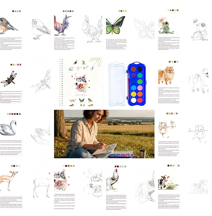 12 Colors Watercolor Book with Paint，Beginner Watercolor Workbook Kit, Watercolors Workbook (Animals -12 Colors)