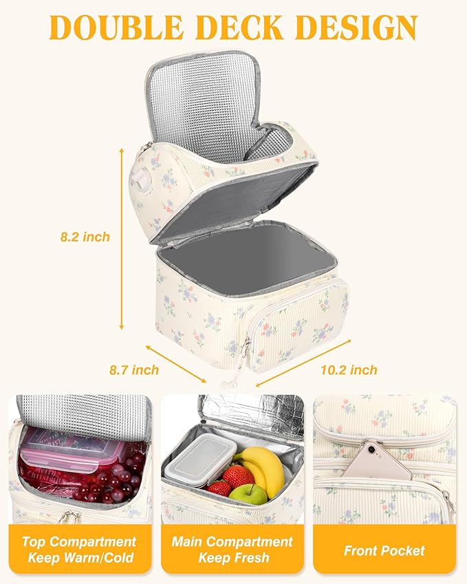 HowFly Lunch Bag for Women Insulated Lunch Boxes Corduroy Resuable Double Deck Lunch Box for Girls Teens Kigs Boys Portable Thermal Cooler Bags for School Work, Purple Floral