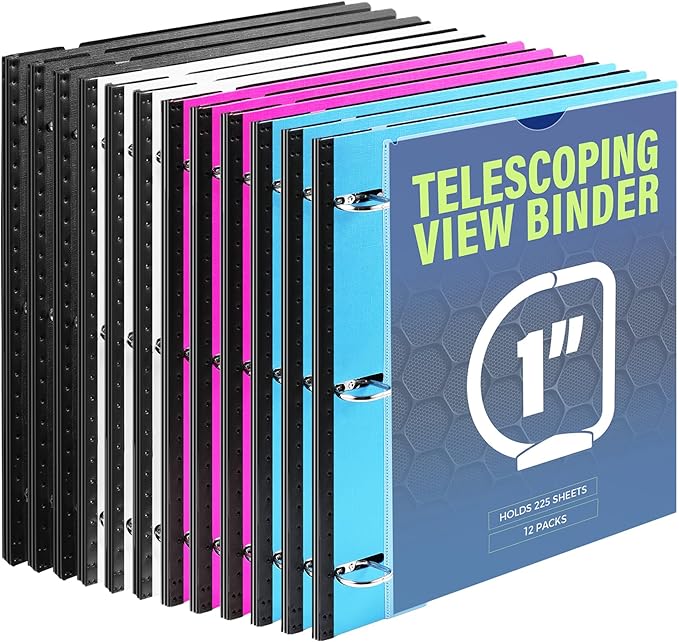 WOT I Telescoping 3 Ring Binder 1 Inch 12-Pack, Flexible Binder with Expandable Spine, Customized Front Cover, Clear Catalog Pocket, Holds 8.5"x11" Paper, Assorted Colors, School Office Supplies