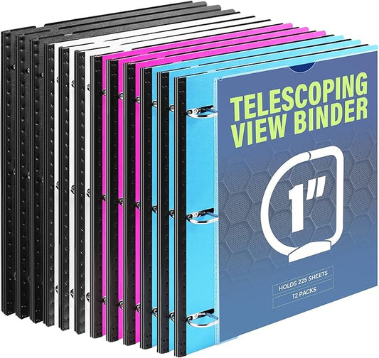 WOT I Telescoping 3 Ring Binder 1 Inch 12-Pack, Flexible Binder with Expandable Spine, Customized Front Cover, Clear Catalog Pocket, Holds 8.5"x11" Paper, Assorted Colors, School Office Supplies