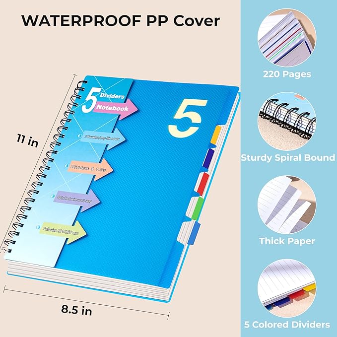 CAGIE 5 Subject Notebook 8.5 x 11，A4 Spiral Notebooks College Ruled Spiral Notebook with Dividers Tabs，220 Pages Lined Spiral Notebook for Note Taking, School, Work, Blue