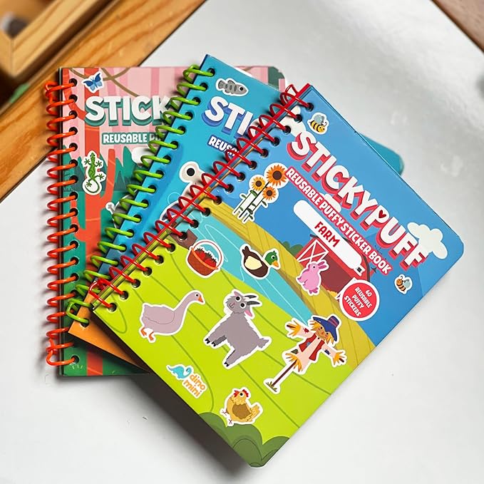 DINO MINI Stickypuff Value Pack - 3 Reusable Puffy Sticker Book for Toddlers - Puffy Stickers for Toddlers - Travel Activities for Kids Ages 4-8 - Screen Free Birthday Gifts (Animals)