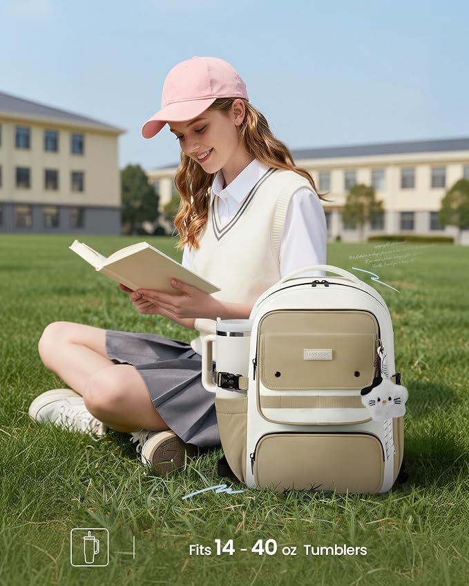 LOVEVOOK School Backpack for Teen Girl, Cute Bookbag with Large Bottle Holder, Lightweight Elementary Middle High School Student Backpack Fits 15.6 Inch Laptop, Back to Schools Kid Gift, Khaki-Cream