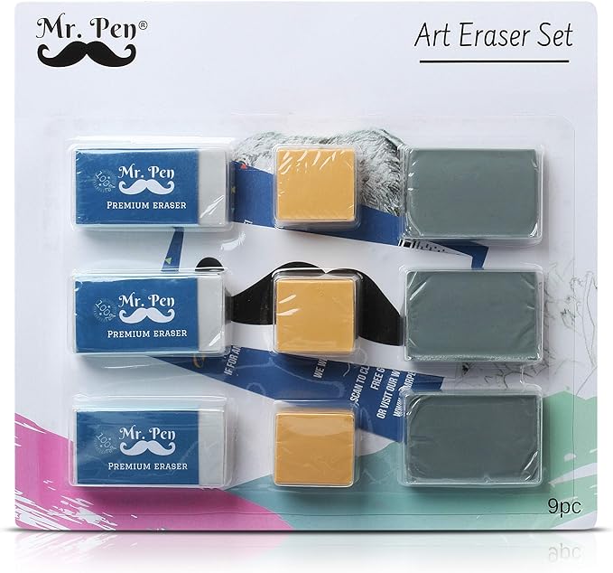 Mr. Pen- Art Eraser Set, 9 Pack, 3X White Vinyl Latex-Free, 3X Kneaded and 3X Artist Gum Erasers, Non-Abrasive, Smudge Resistant, Perfect for Artists and Designers