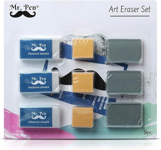 Mr. Pen- Art Eraser Set, 9 Pack, 3X White Vinyl Latex-Free, 3X Kneaded and 3X Artist Gum Erasers, Non-Abrasive, Smudge Resistant, Perfect for Artists and Designers
