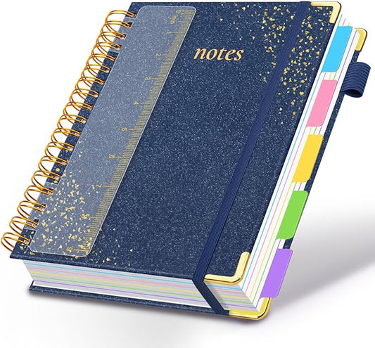 Hardcover Spiral Notebook with Removable Dividers & Tabs, 8"x10" 5 Subject Notebooks for Work, 300 Pages College Ruled Notebook, B5 Sparkle Lined Journal for Women Girls Note-Taking (Dark Blue)