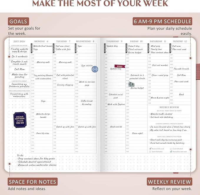 Legend Dated Hourly Weekly Planner 2026 – Daily, Monthly & Yearly Agenda with Time Slots – Hardcover Organizer Journal, 5.8x8.3” (Rose Gold)