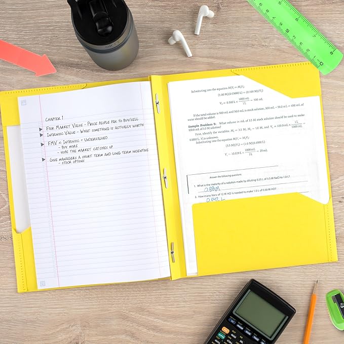 Five Star 2-Pocket Folder, Plastic Folder with Stay-Put Tabs and Prong Fasteners, Holds 8-1/2" x 11" Paper, Vivid Yellow (340300S)