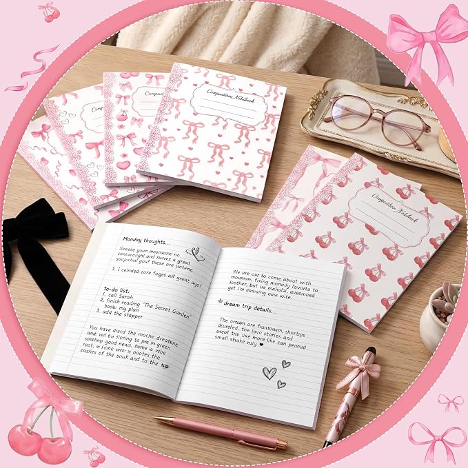 Fullhawl 6 Pack Composition Notebook College Ruled Bulk Light Pink Bow Composition Notebook Preppy Aesthetic for Back to School Supplies 110 Pages 9-3/4 x 7-1/2" Journal for First Day of School Office