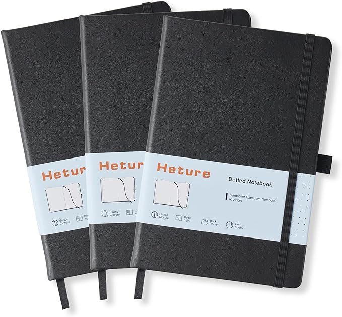 Heture Hardcover Dotted Notebooks, A5 Dotted Journal Notebook for Writing 160 Pages, 8.2 x 5.5 inch, Classic Dotted Notebooks for College/Work/Travel(Dotted-3 Pack, Black)