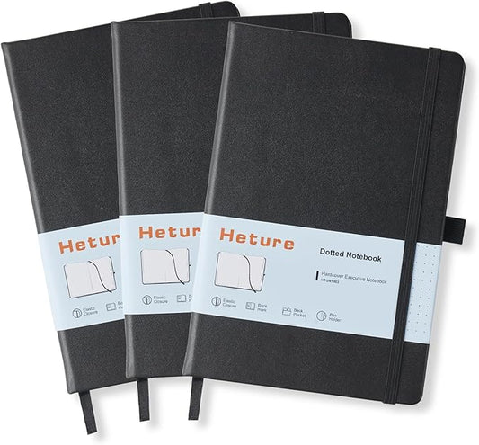 Heture Hardcover Dotted Notebooks, A5 Dotted Journal Notebook for Writing 160 Pages, 8.2 x 5.5 inch, Classic Dotted Notebooks for College/Work/Travel(Dotted-3 Pack, Black)