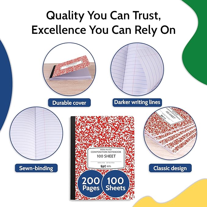 12 Pack - EPI Wide Ruled Marble Composition Notebook - Red 200 Page Note Book - 9.75 x 7.5 Inch Hardcover Journal with Sewn Binding for Secure Pages - Classroom Back to School Supplies