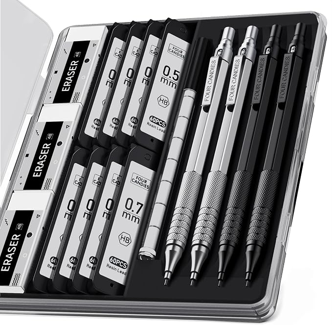4PCS Metal Mechanical Pencil Set, 0.5mm+0.7mm, Storage Case, Black＆Silver | 480 Lead Refills, 3 Erasers, 9 Eraser Refills, Smooth Writing, Anti Grip, for Sketching, Technical Drawing, Art Projects