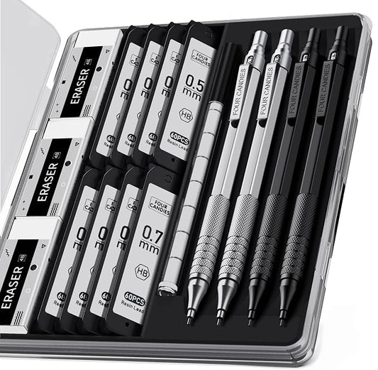 4PCS Metal Mechanical Pencil Set, 0.5mm+0.7mm, Storage Case, Black＆Silver | 480 Lead Refills, 3 Erasers, 9 Eraser Refills, Smooth Writing, Anti Grip, for Sketching, Technical Drawing, Art Projects