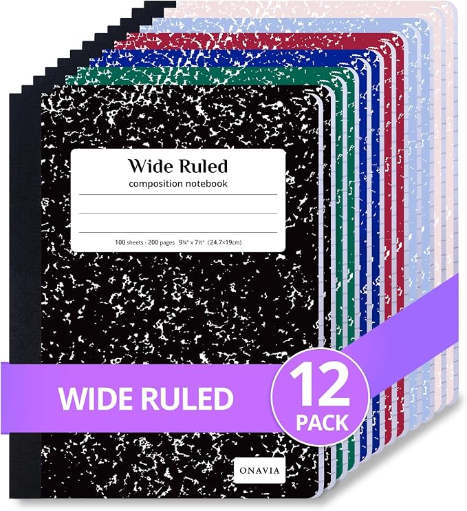 ONAVIA Composition Notebook Wide Ruled Bulk, 200 Pages, Marble Assorted