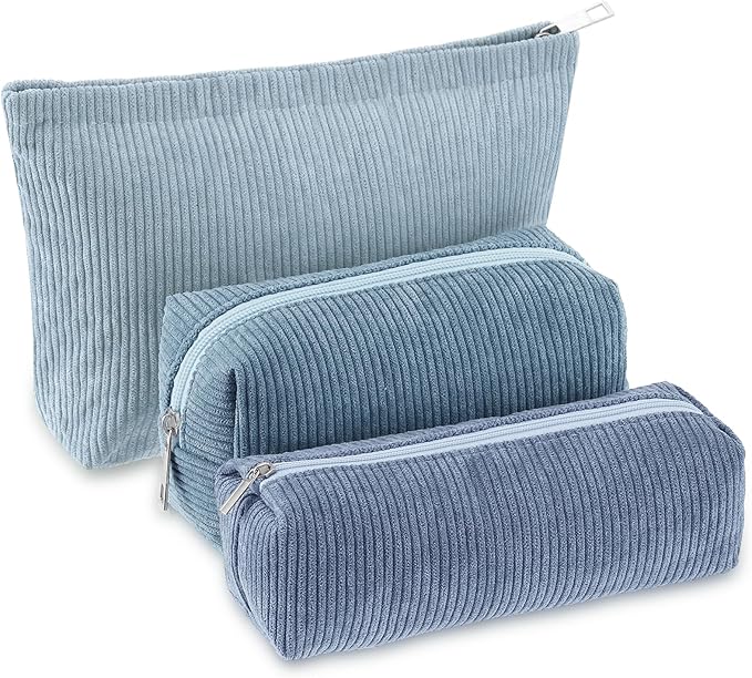 Huhumy 3 Pcs Makeup Bag Set for Women Corduroy Cosmetic Pouch Aesthetic Smile Travel Toiletry Bag Cute Purse Pouch Pencil Case Makeup Brushes Storage Organizer with Zipper(Blue,Gradient)