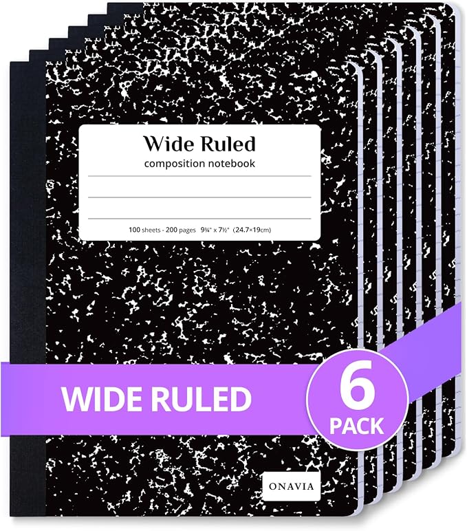 ONAVIA Composition Notebook Wide Ruled 6 Pack, 200 Pages, Marble Black