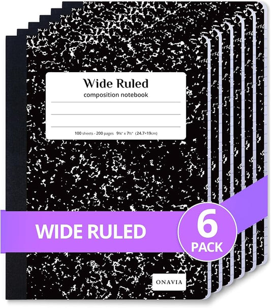 ONAVIA Composition Notebook Wide Ruled 6 Pack, 200 Pages, Marble Black