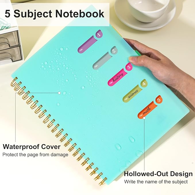 5 Subject Notebook 8.5 x 11 Large Spiral Notebook with Dividers 240 Pages Office Notebooks for Work Multi Subject Notebook with 5 Tabs Professional Organizer Notebooks for Note Taking School, Green