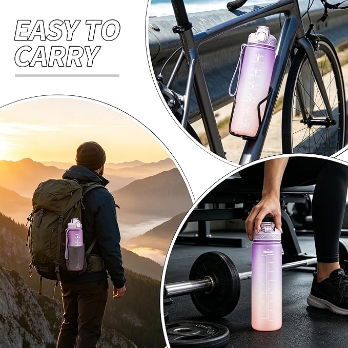 YC Kitchen Motivational Water Bottle with Time Marker- 32oz Water Bottles with Times to Drink, Leakproof & BPA Free Sports Water Bottle with Straw & Carry Strap for Fitness, Gym, and Outdoor Sports