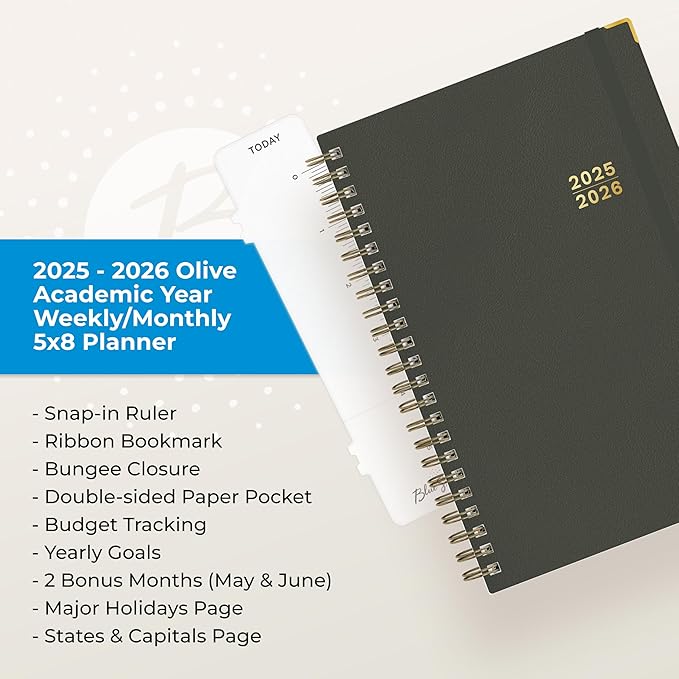 Blue Sky 2025-2026 Weekly and Monthly Academic Year Planner Calendar, July 2025 - June 2026, 5" x 8", Faux Leather Cover, Wirebound, Storage Pocket, Laminated Tabs, Olive