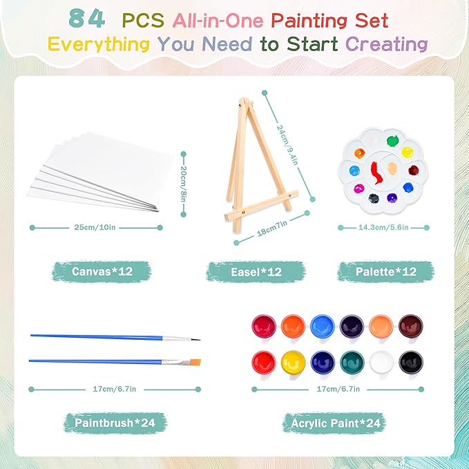 12Pack 8x10 Inch Canvas and Easel Set, Sip and Paint Kit for Adults,Art Canvas Bulk with Easels Stands, Trays,Small Paint Brushes,12 Colors Mini Acrylic Paint Set for Couples,Kids and Party Supplies