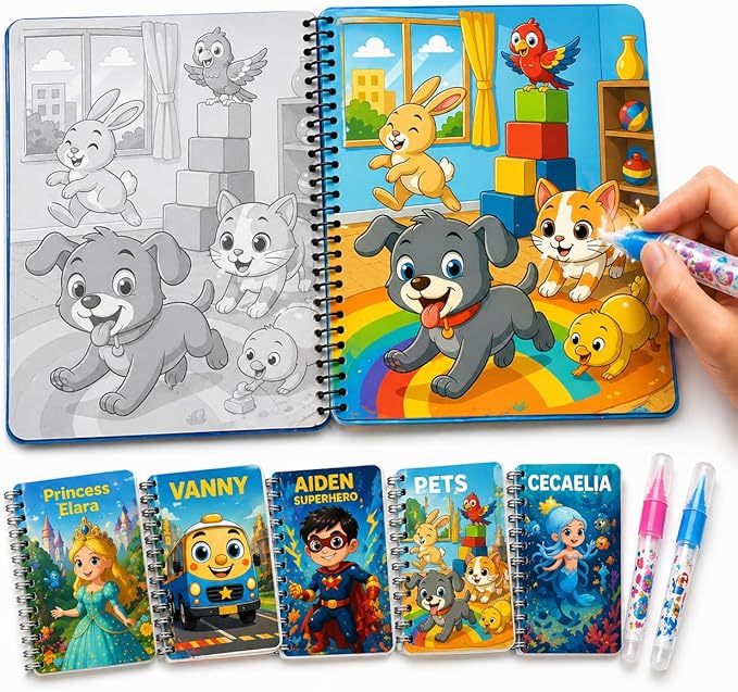 FIESTA CART Water Coloring Books for Toddlers Ages 2-5 – 5 Pack Reusable Mess Free Water Painting Books for Kids, Travel Activities for Toddlers, Montessori Learning Toys for Boys & Girls