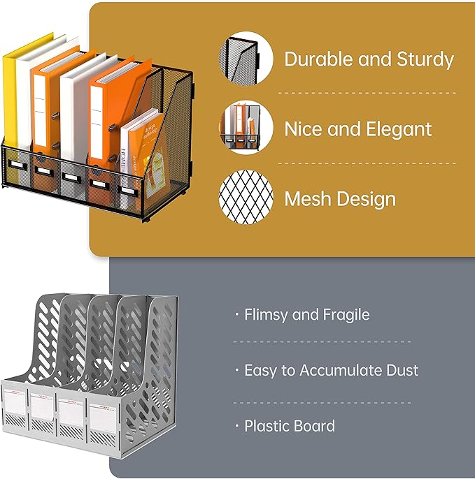 DALTACK 5 Vertical Compartments Magazine File Holder, Binder Organizer, Metal Desk Organizers for Office Home School Classroom Organization, Black Plus