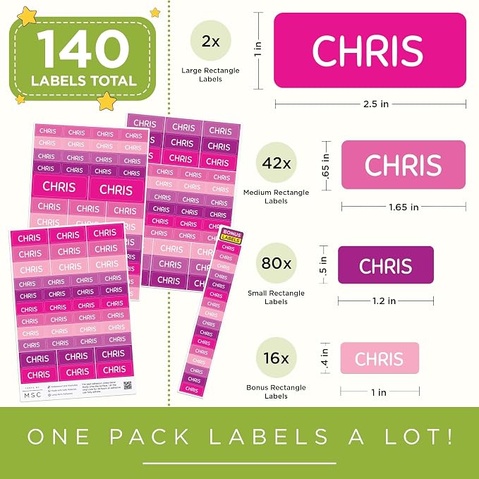 Personalized Daycare Name Washable Labels for Kids, (140 Pack) Waterproof Custom Name Stickers for Clothing Tags, Lunch Boxes and School Supplies, Made in USA by MSC -Princess