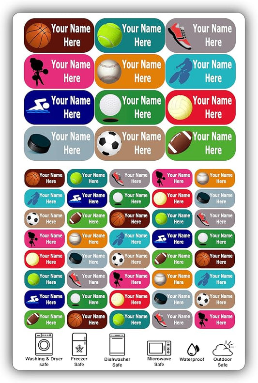 Personalized Labels – Sport’s Icon Designs. 52 Custom Stickers for School, Daycare and Camp. Waterproof Name Labels Dishwasher and Microwave Safe, Machine Washable. (Sports)