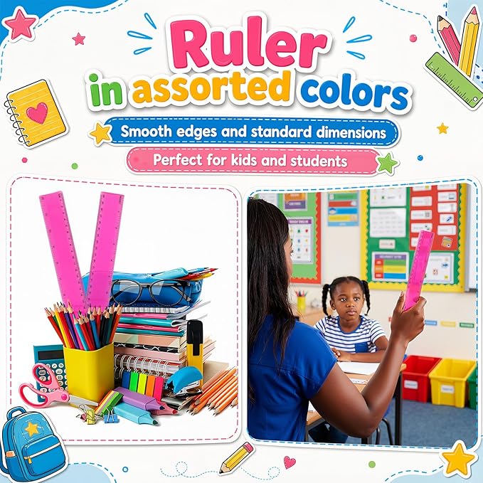 EBOOT 2 Pack Plastic Ruler Straight Ruler Plastic Measuring Tool for Student School Office(Rose Red,12 Inch)