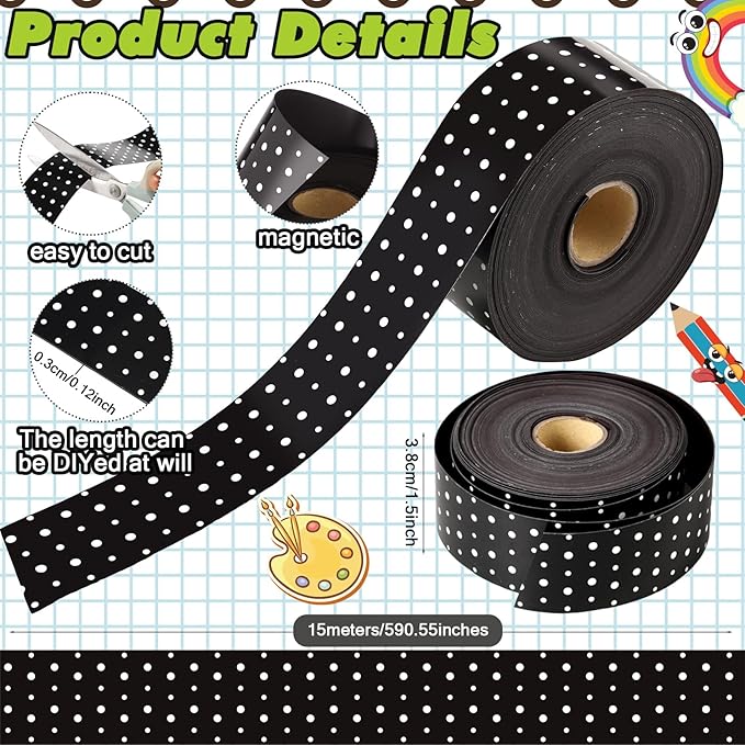 Fuyoooo 49 ft Black and White Magnetic Borders for Classroom, Polka Dots Bulletin Board Borders, Magnetic Whiteboard Classroom Strips Reusable Rolled Wall Trim for School Teacher Chalkboard