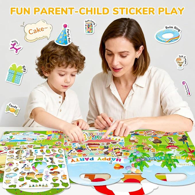 6 Sets Reusable Sticker Book for Toddlers 1-3, Jelly Stickers Book for Kids 2-4, Travel Sticker Activity Toys for Childs 3 4 5 6 Years Girls & Boys Best Gifts