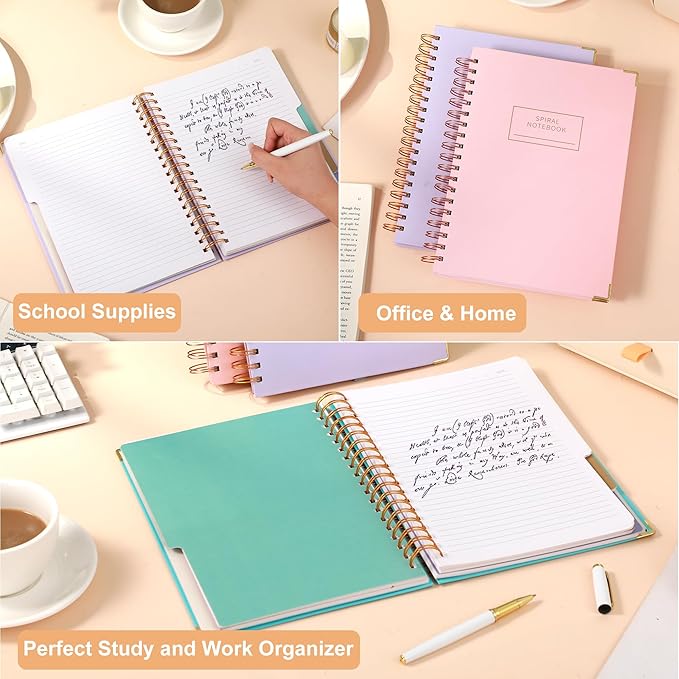 Yoment 2 Pack 5 Subject Notebook College Ruled, Hardcover Spiral Notebooks for Work School, B5 Multi Subject Notebook with Tabs Dividers, 240 Pages Lined Journal for Women Men, Pink&Purple
