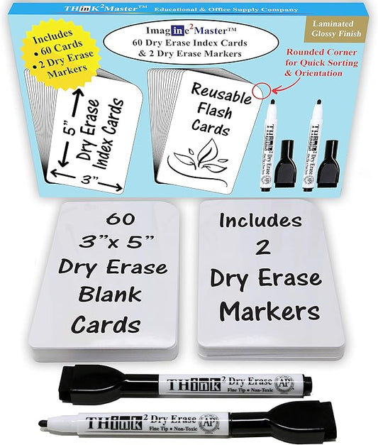 Imagine2Master 60 Blank Dry Erase Index Cards (3” X 5”). Comes with 2 Dry Erase Markers. DIY Flash Cards Great for Vocabulary, Game, Message, Notes. Glossy Laminated Finish 300 GSM Card Stock