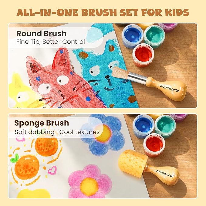 JUPITEARTH Jumbo Paint Brushes for Kids, Easy Grip Round and Sponge Toddler Paint Brushes with Natural Wood Handles for Washable Paint and Acrylic Paint, 6 Pcs