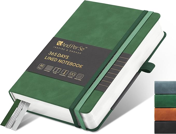 &And Per Se 365 Page Journal – A5 Hardcover Lined Notebook, One Book for the Whole Year, 100gsm Thick Paper, Numbered Pages & 3 Bookmarks, Annual Diary for Daily Writing (Green)