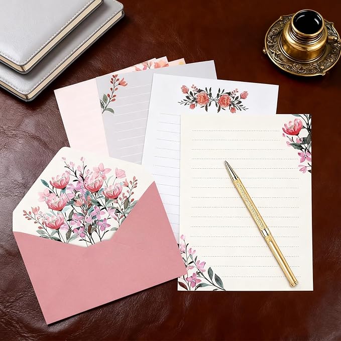 37 Pcs Stationery Paper Envelopes Set Includes 24 Lined Writing Paper & 12 Envelopes with 48 Round Stickers, Warm Floral Themed Letter Stationary Set for Wedding Invitations Wishes Flower(6 Style)