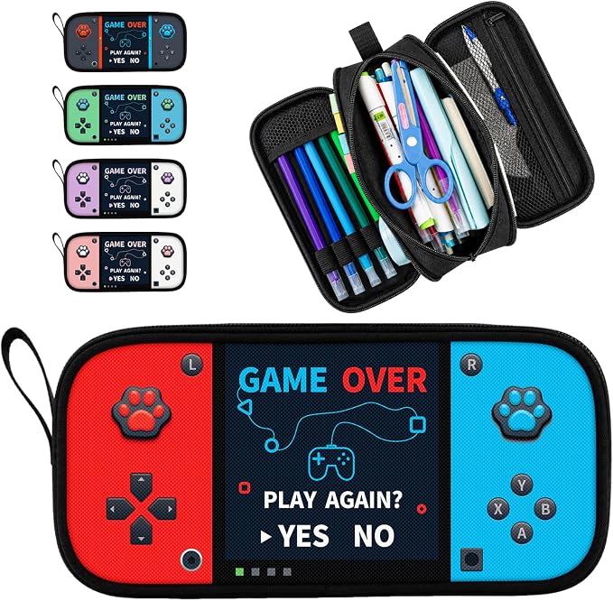 Game Controller Pencil Case for Boys Kids Teens, Large Capacity Pencil Pouch with 3 Compartments, 7 Pockets and Label Pocket for School College Office Travel (Red & Blue)