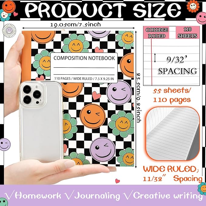 Fullhawl 6 Pcs Composition Notebook Wide Ruled Cute Preppy Black White Checkered Aesthetic Notebook for Back to School 110 Page 9-3/4 x 7-1/2" Journal Gift for First Day of School, Student, Teacher