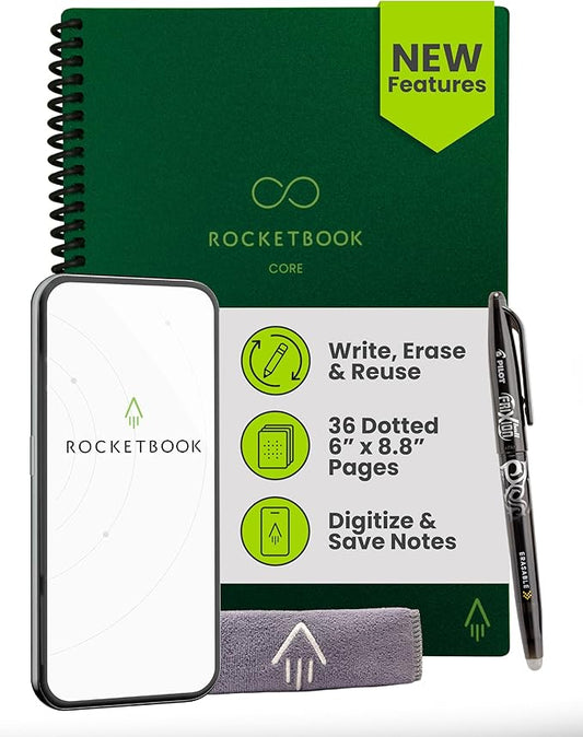 Rocketbook Core Reusable Smart Notebook, Dot Grid Pages For School, Work and Creative Projects, Executive Size 6x8.8, Green - Premium