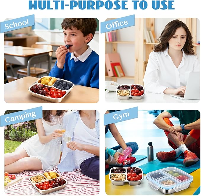 2 Pack Snack Containers for Kids, 3 Compartments Reusable on the go Bento Box with Lids, Stainless Steel Toddler Lunch Box Pre Meal Storage for Daycare School Outdoor Camping - Blue Orange