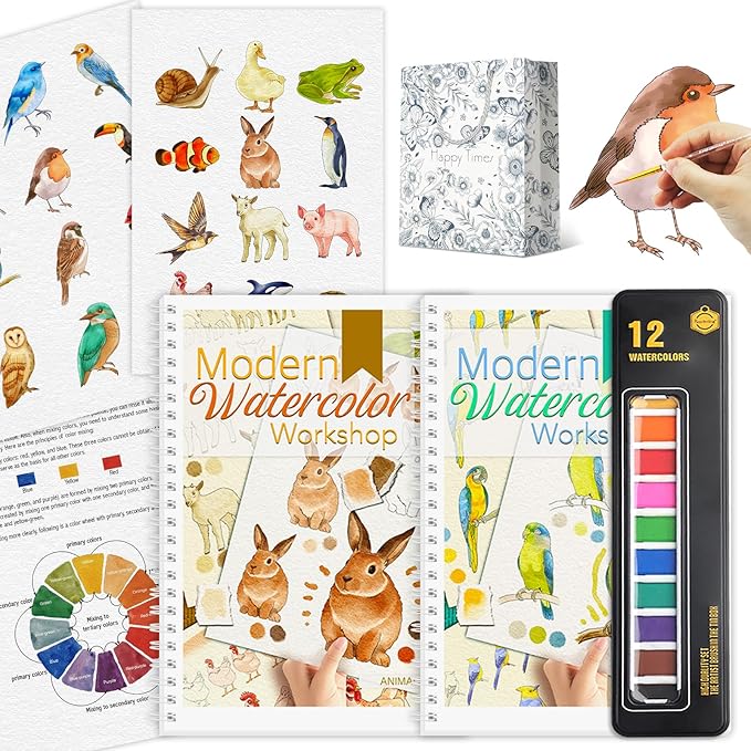 2Pcs Watercolor Workbook Beginner-Friendly Watercolor Workbook with Step by Step for Adults for Adults with 12 Colors Paint, Beginner Watercolor Painting Kit Watercolor Paper - Valentine's Day Gift