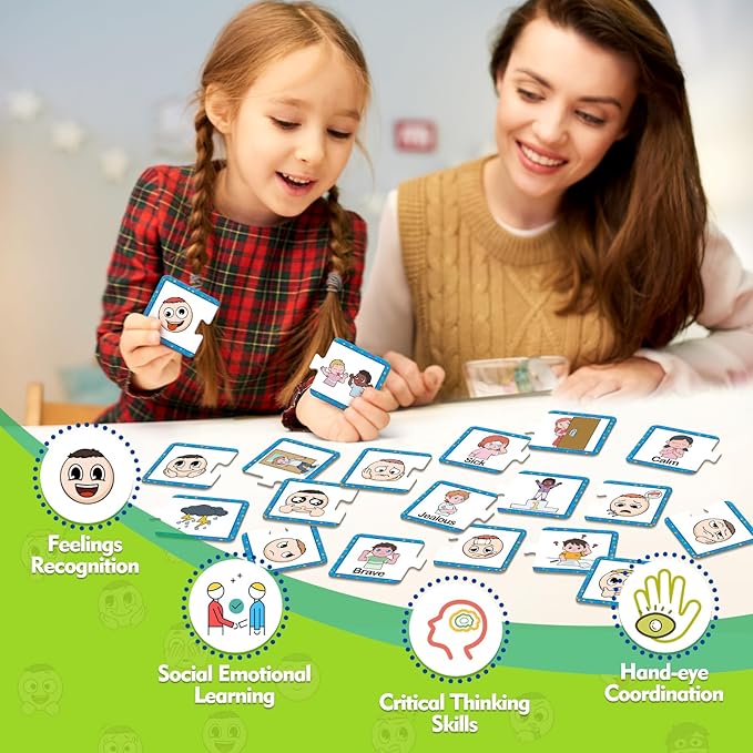 Kasfalci Feelings & Emotions Puzzle Cards,Feelings Chart Toys for Kids,Social Emotional Learning Activities,Speech Therapy Games,ADHD,Autism Learning Materials,Calm Down Corner Supplies for Classroom