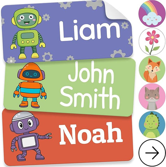 Personalized Name Labels for Kids (210 Labels) - Durable & Waterproof Custom Name Stickers for Clothing Tags, School Supplies, Camp & Daycare - Robots (1.2”x0.5”)