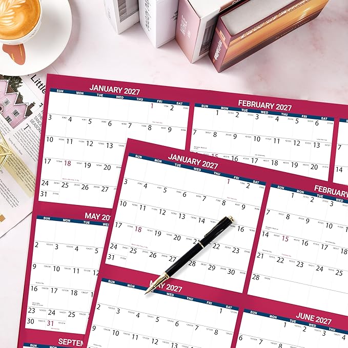 2027 Dry Erase Calendar for Wall - Dry Erase Wall Calendar 2027, Jan. 2027 - Dec. 2027, 34.6" x 22.9", Yearly Wall Calendar 2027, Wet & Dry Erase Laminated, Vertical/Horizontal, Reversible - Red
