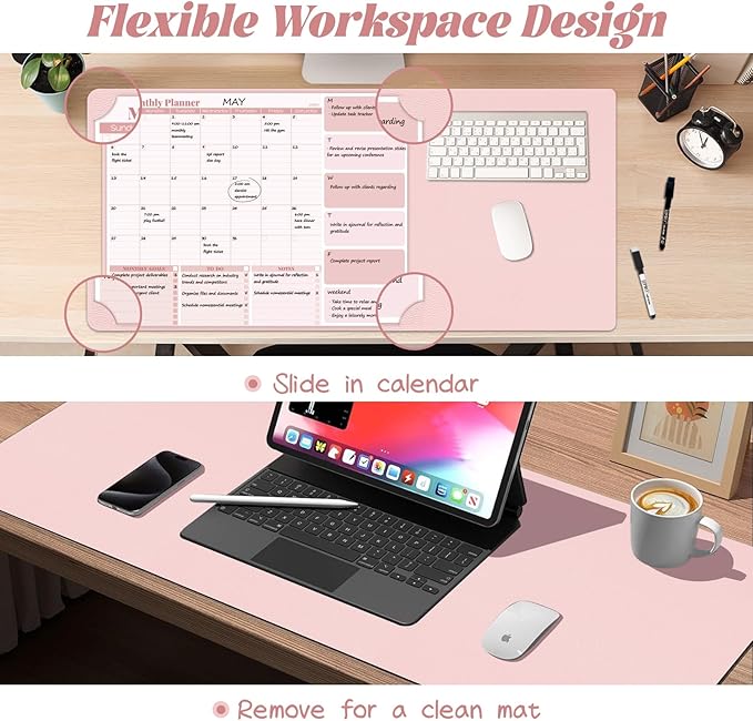 JJPRO Dual-Layer Pink Dry Erase Desk Mat,Large Multi-Use Dry Erase Desk Calendar, Erasable Desk Mat,Double-Sided Faux Leather Desk Pad,Reusable Desk Writing Board for Office, Home-16"x34"