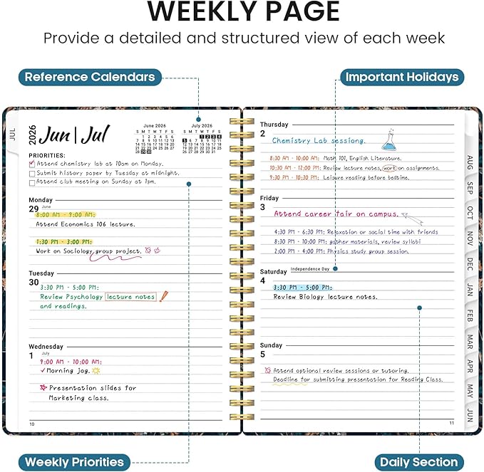 Planner 2026-2027, Academic Monthly and Weekly Calendar Planner for Women, July 2026 - June 2027, Hardcover Pretty Agenda Planner Book with Tabs, Spiral Daily Organizer for School Office Home Supplies, 6.3" x 8.5" - Royal Flowers