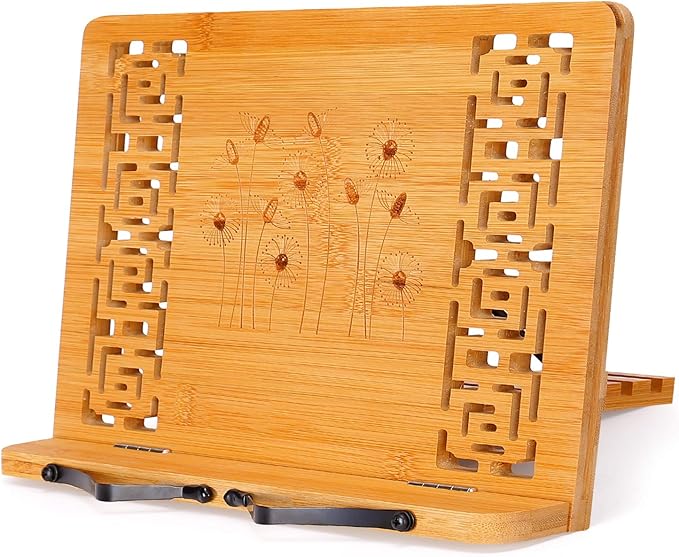 MEGREZ Book Stand for Reading (13.2 x 9.4 inch) Bamboo Cookbook Stand Holder for Kitchen, Adjustable Book Holder Stand for Tablet/Textbook Holder/Hollow Bookrest Stand, Dandelion